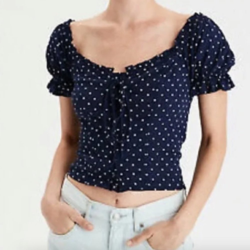 AE Blue and White Polka Dot Corset Top